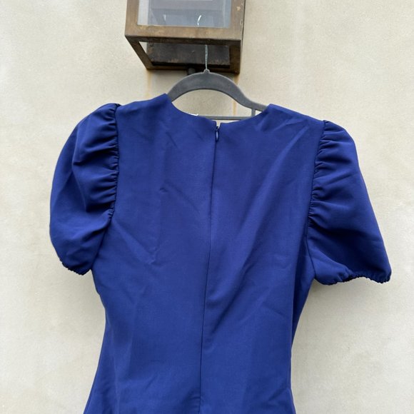 Likely Malta Bodycon Mini Dress Blue Asymmetric Ruffle Skirt Puff Sleeves Sz 6 - Picture 7 of 9